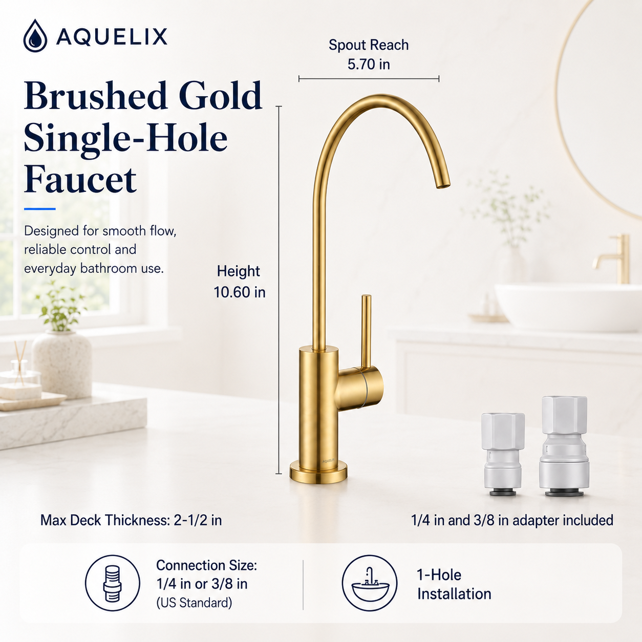 Brushed Gold Single-Hole Faucet - Aquelix Bathroom Faucets manufacturer