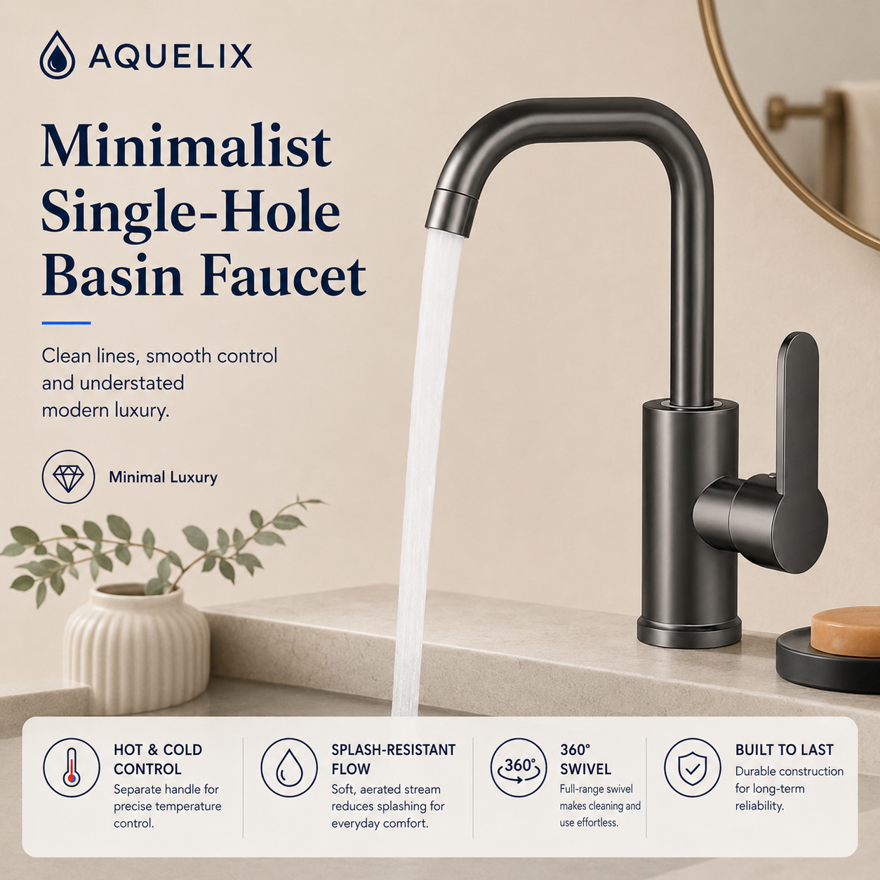 Minimalist Single-Hole Basin Faucet - Aquelix Bathroom Faucets manufacturer