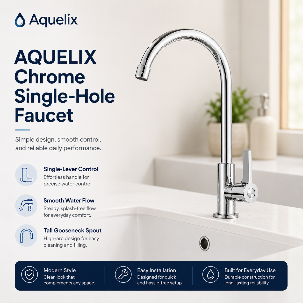 Chrome Single-Hole Faucet - Aquelix Bathroom Faucets manufacturer
