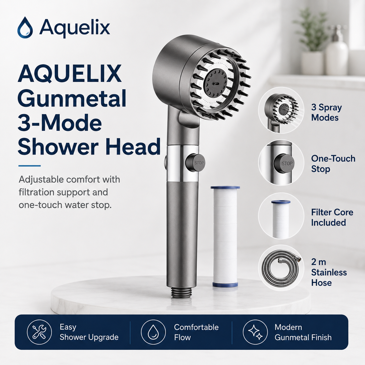 Gunmetal 3-Mode Shower Head
