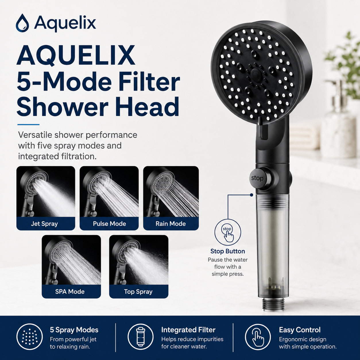 5-Mode Filter Shower Head - Aquelix Shower Heads manufacturer