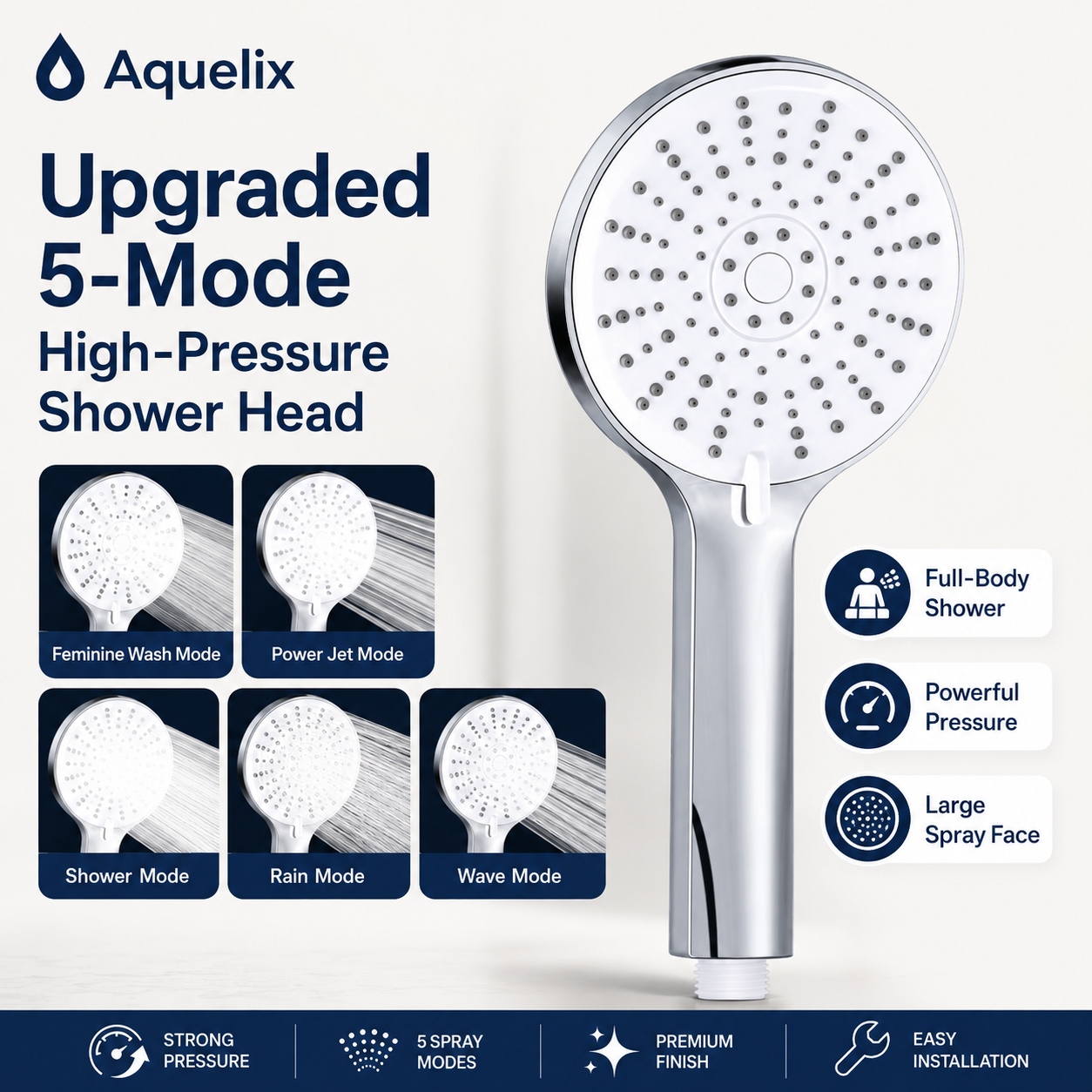 Upgraded 5-Mode High-Pressure Shower Head - Aquelix Shower Heads manufacturer