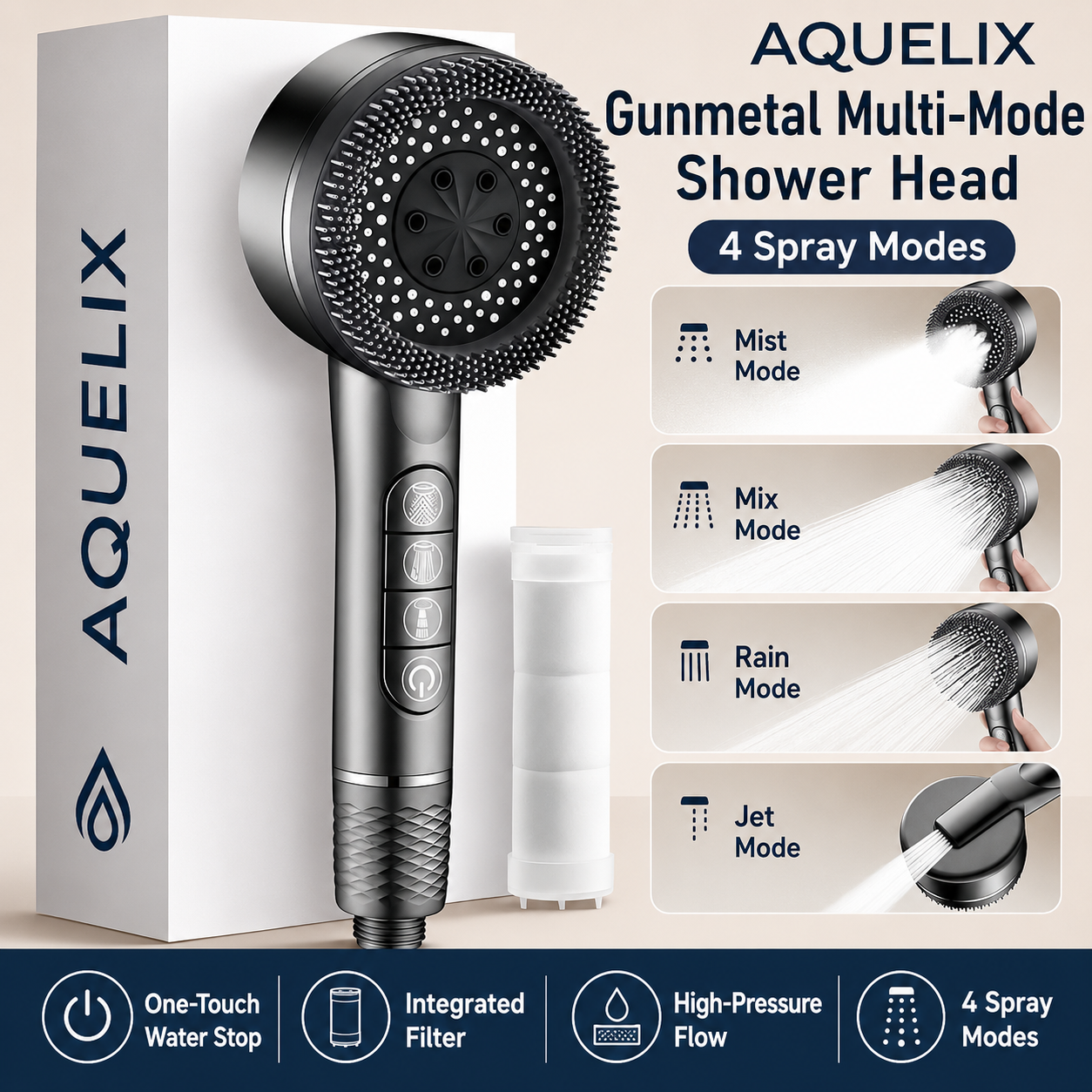 Gunmetal Multi-Mode Shower Head - Aquelix Shower Heads manufacturer