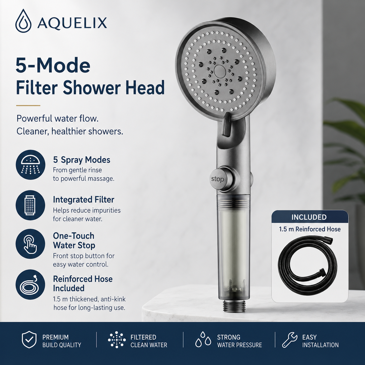 5-Mode Filter Shower Head with Hose - Aquelix Shower Heads manufacturer