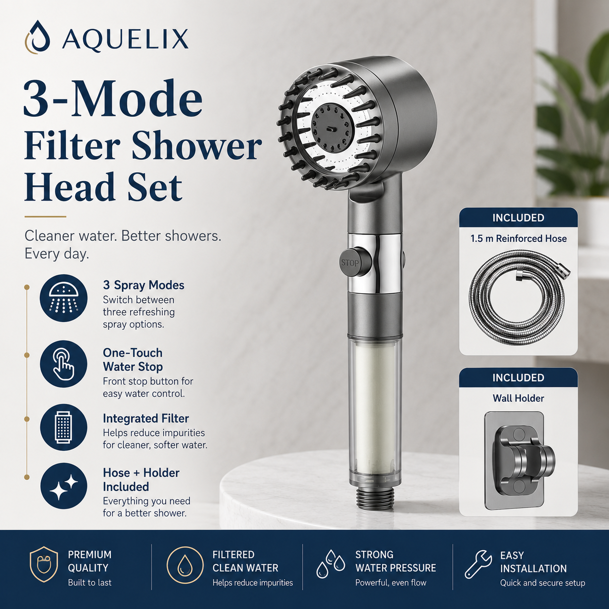 3-Mode Filter Shower Head in Chrome - Aquelix Shower Heads manufacturer