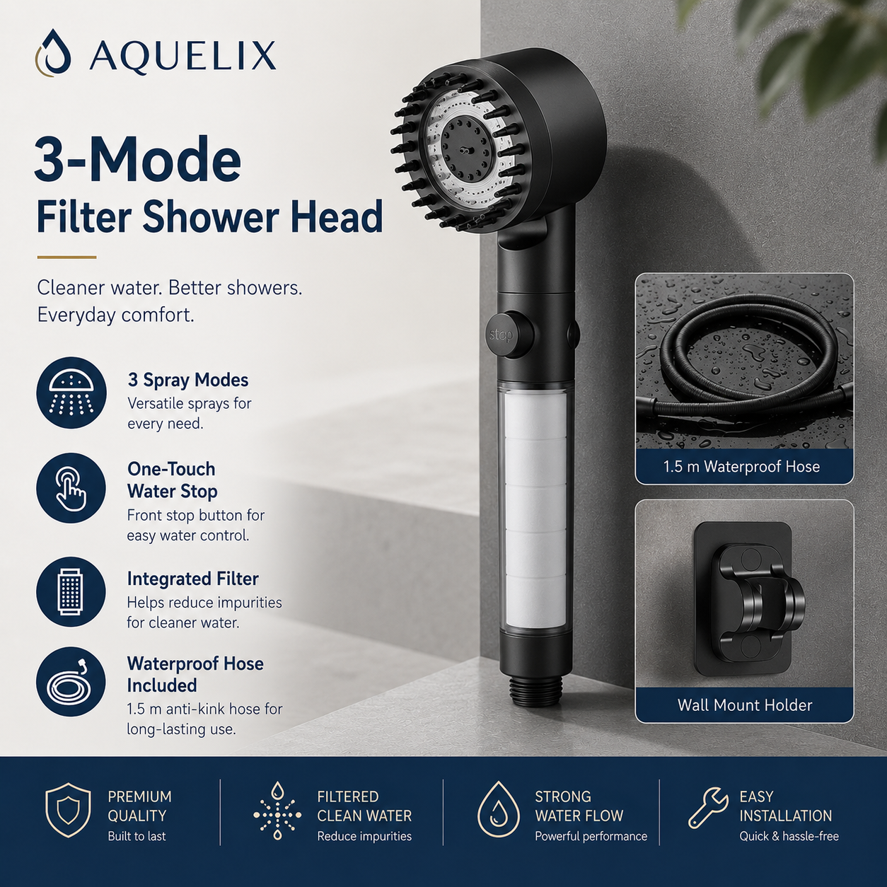 3-Mode Filter Shower Head in Black - Aquelix Shower Heads manufacturer