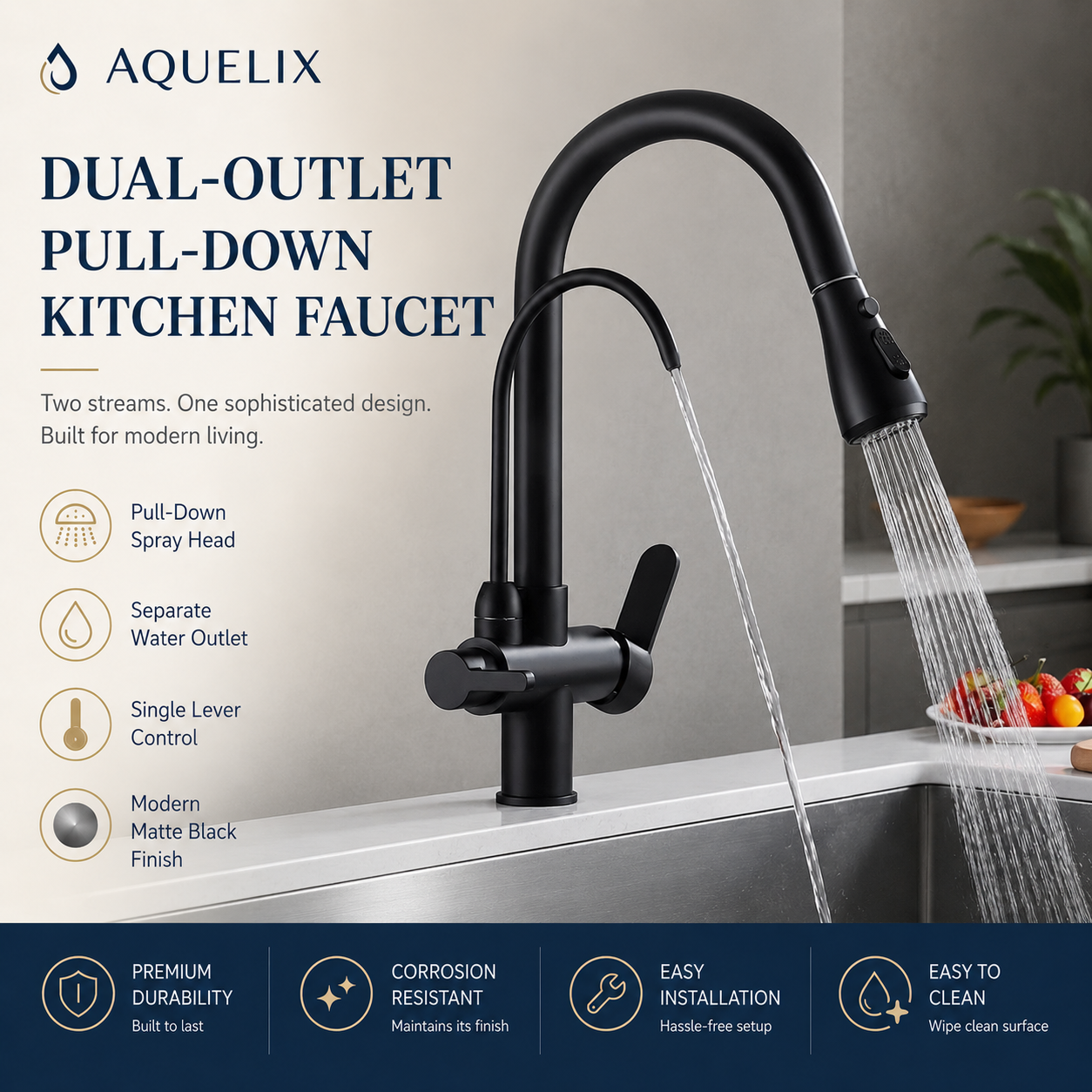 Dual-Outlet Pull-Down Kitchen Faucet - Aquelix Kitchen Faucets manufacturer