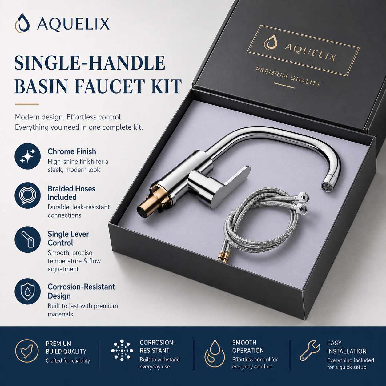 Single-Handle Basin Faucet Kit - Aquelix Bathroom Faucets manufacturer