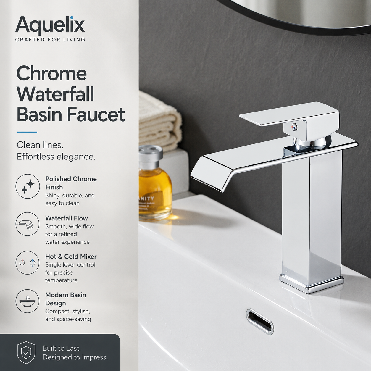 Chrome Waterfall Basin Faucet - Aquelix Bathroom Faucets manufacturer