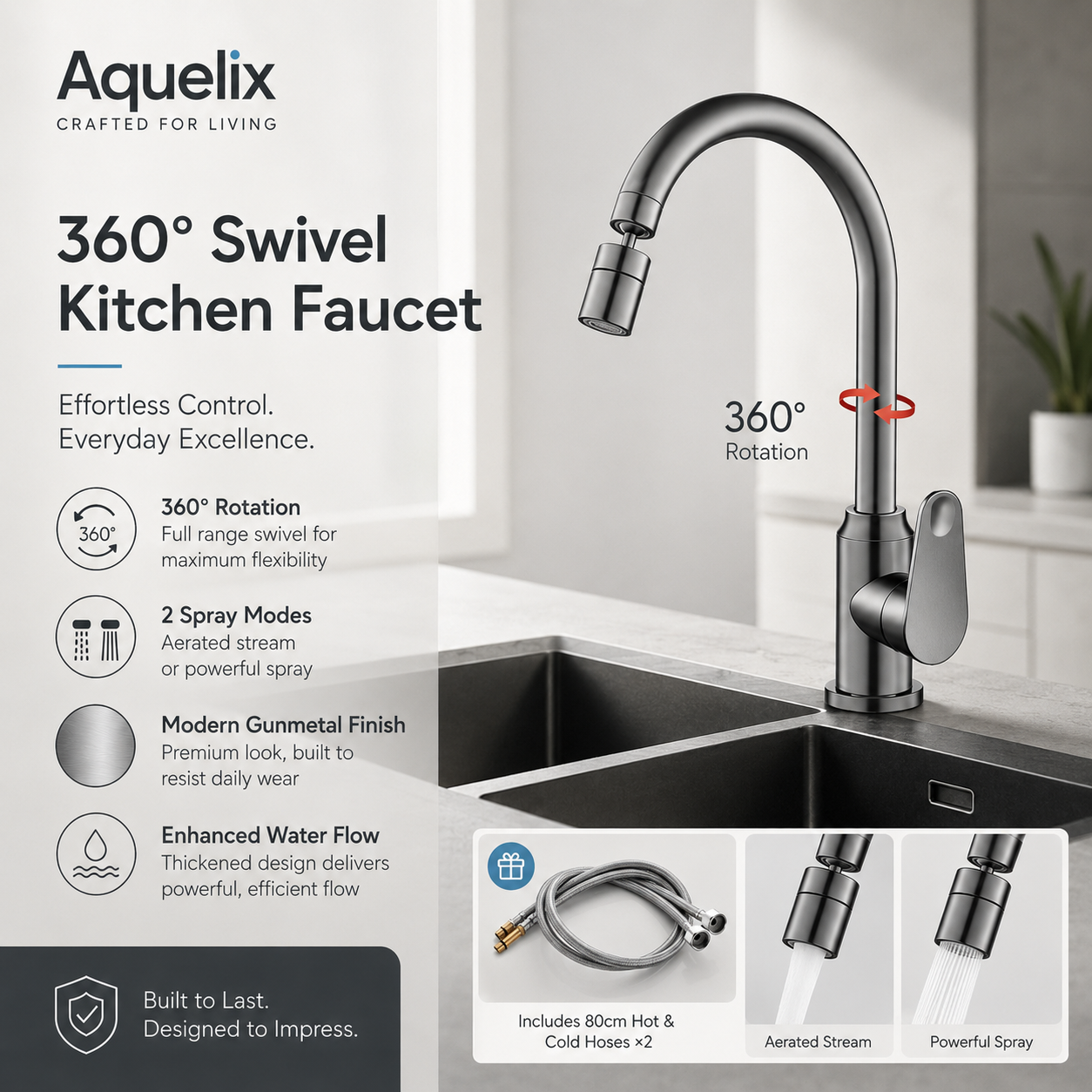 360 Degree Swivel Kitchen Faucet with Aerator - Aquelix Kitchen Faucets manufacturer