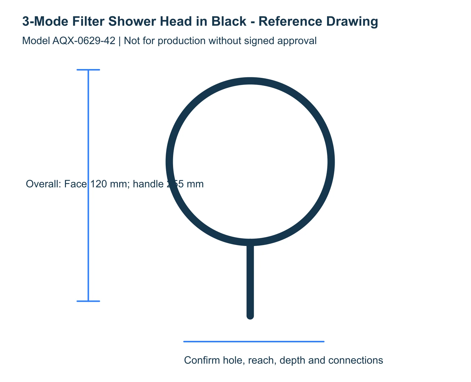 3-Mode Filter Shower Head in Black reference dimensions and installation drawing