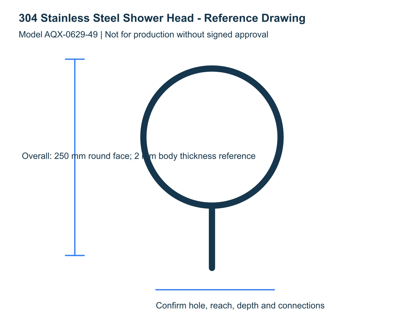 304 Stainless Steel Shower Head reference dimensions and installation drawing