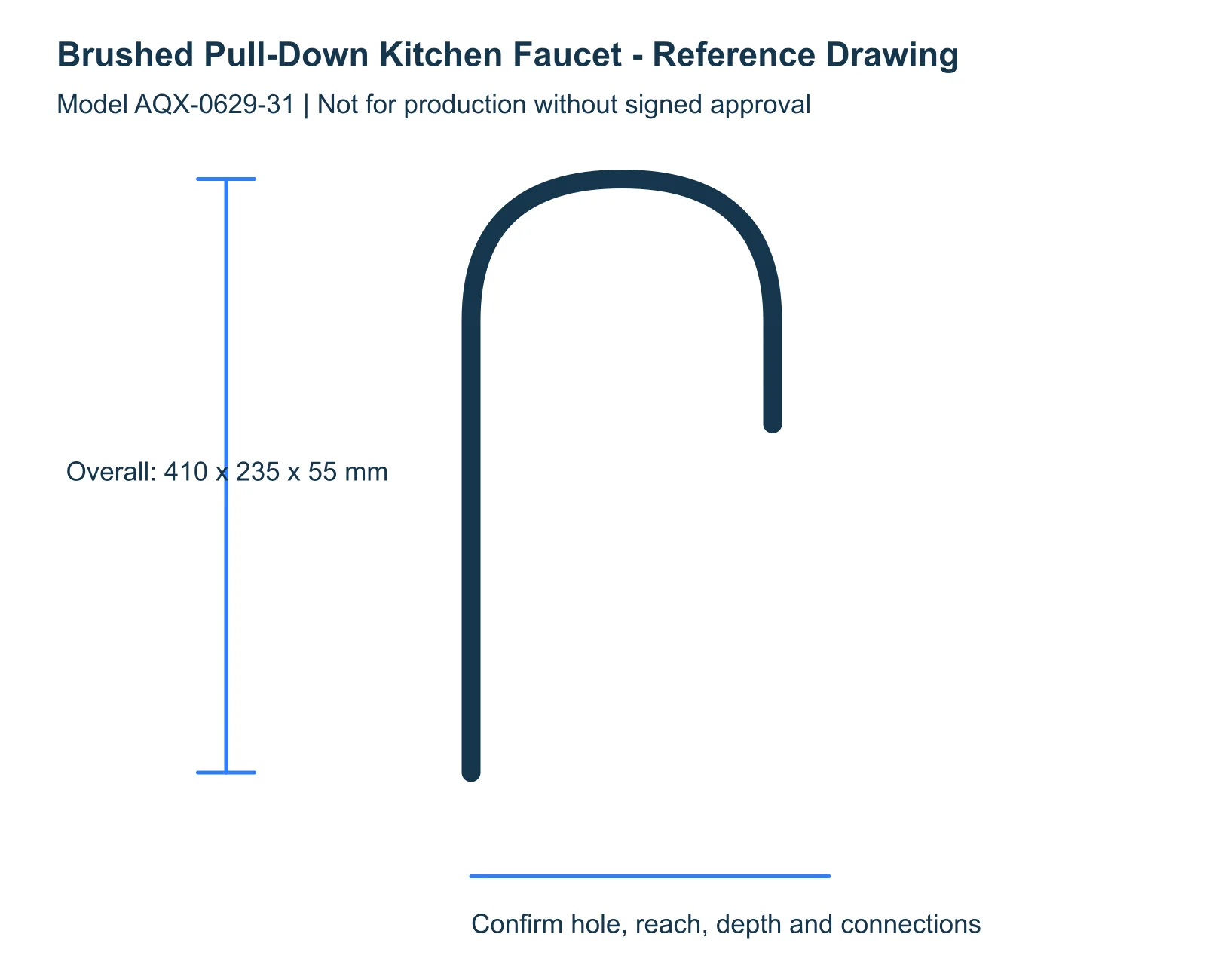 Brushed Pull-Down Kitchen Faucet reference dimensions and installation drawing