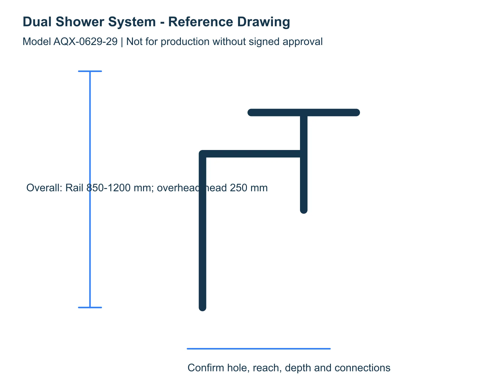 Dual Shower System reference dimensions and installation drawing