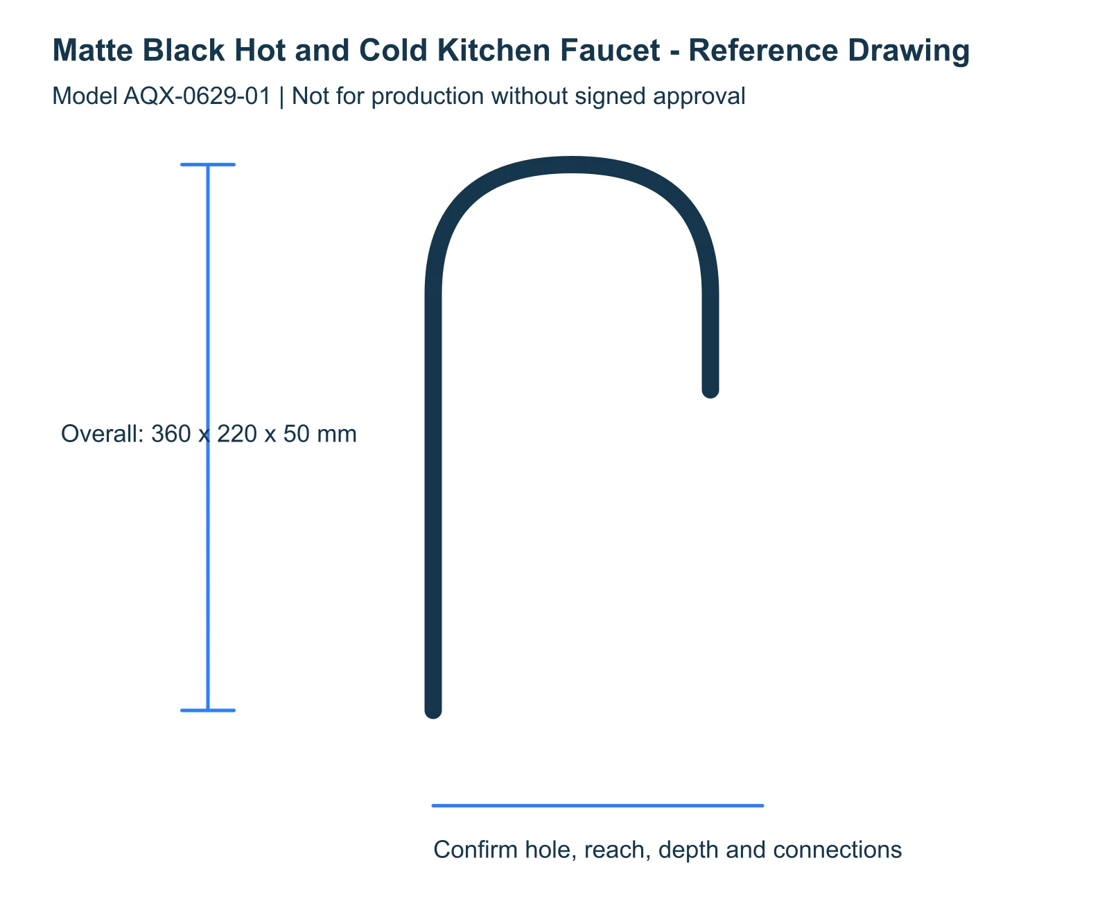 Matte Black Hot and Cold Kitchen Faucet reference dimensions and installation drawing