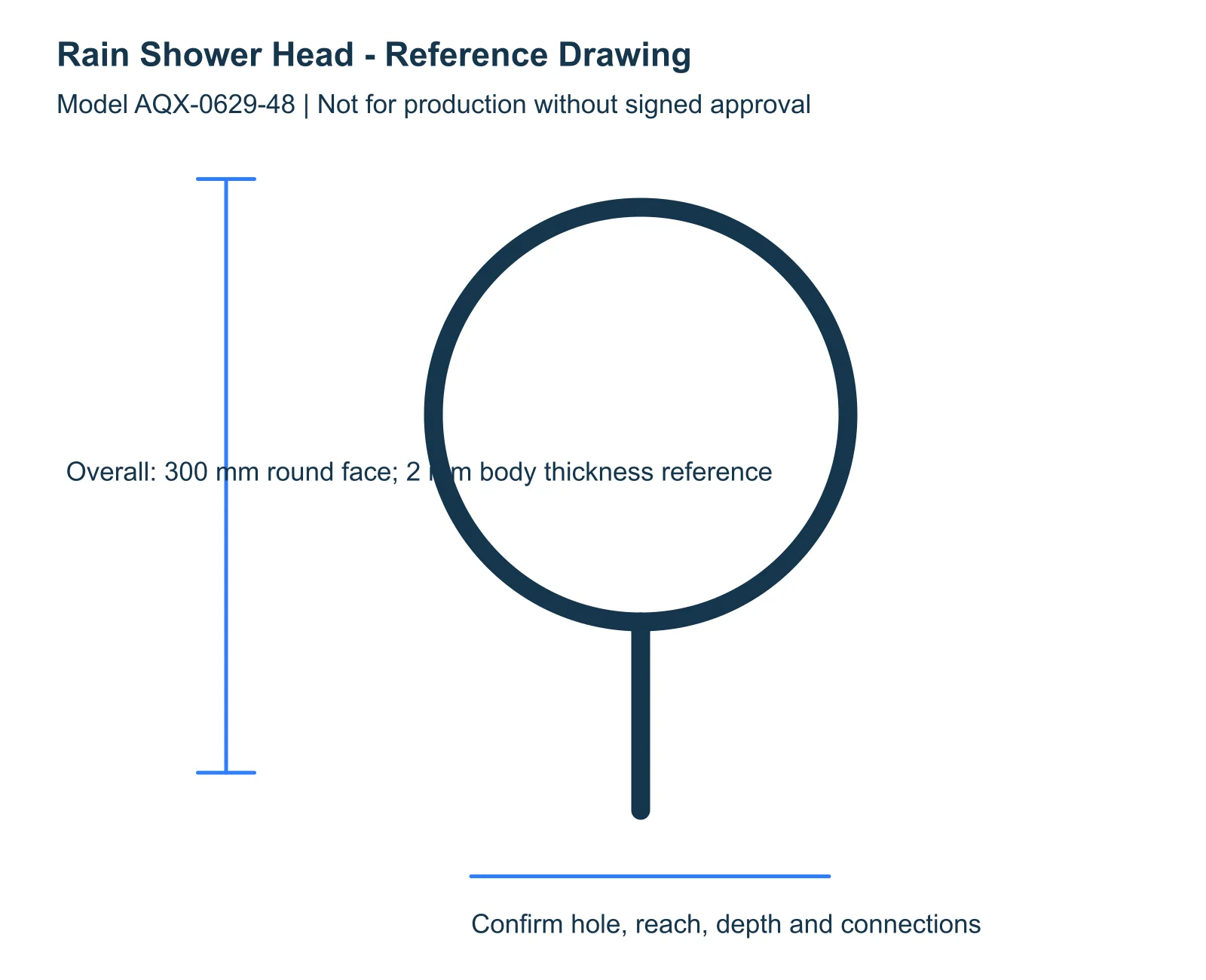 Rain Shower Head reference dimensions and installation drawing