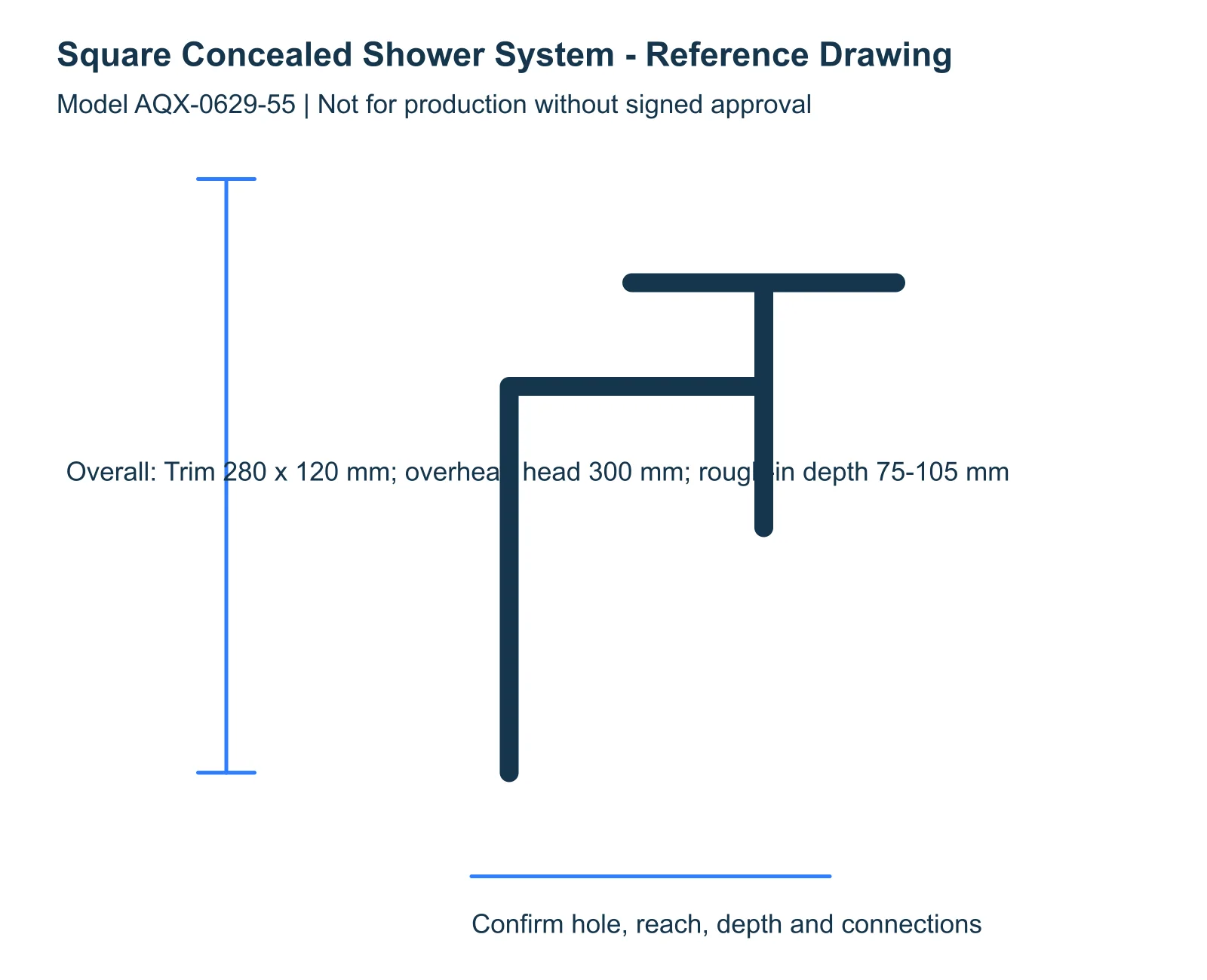 Square Concealed Shower System reference dimensions and installation drawing